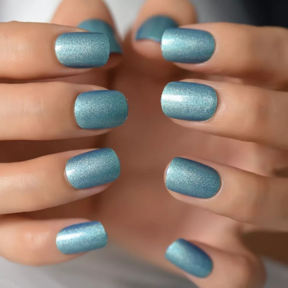 24 Shiny Blue mystic Press On Nails Short Glue On trendy glitter shimmer silver