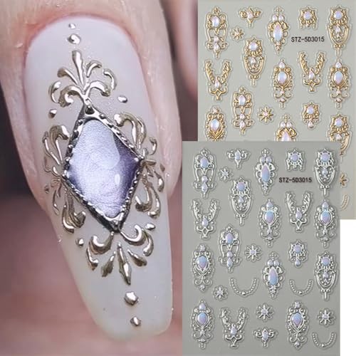 Baroque Nail Art Stickers 5D Embossed Gold Sliver Nail Decals Retro Style-4