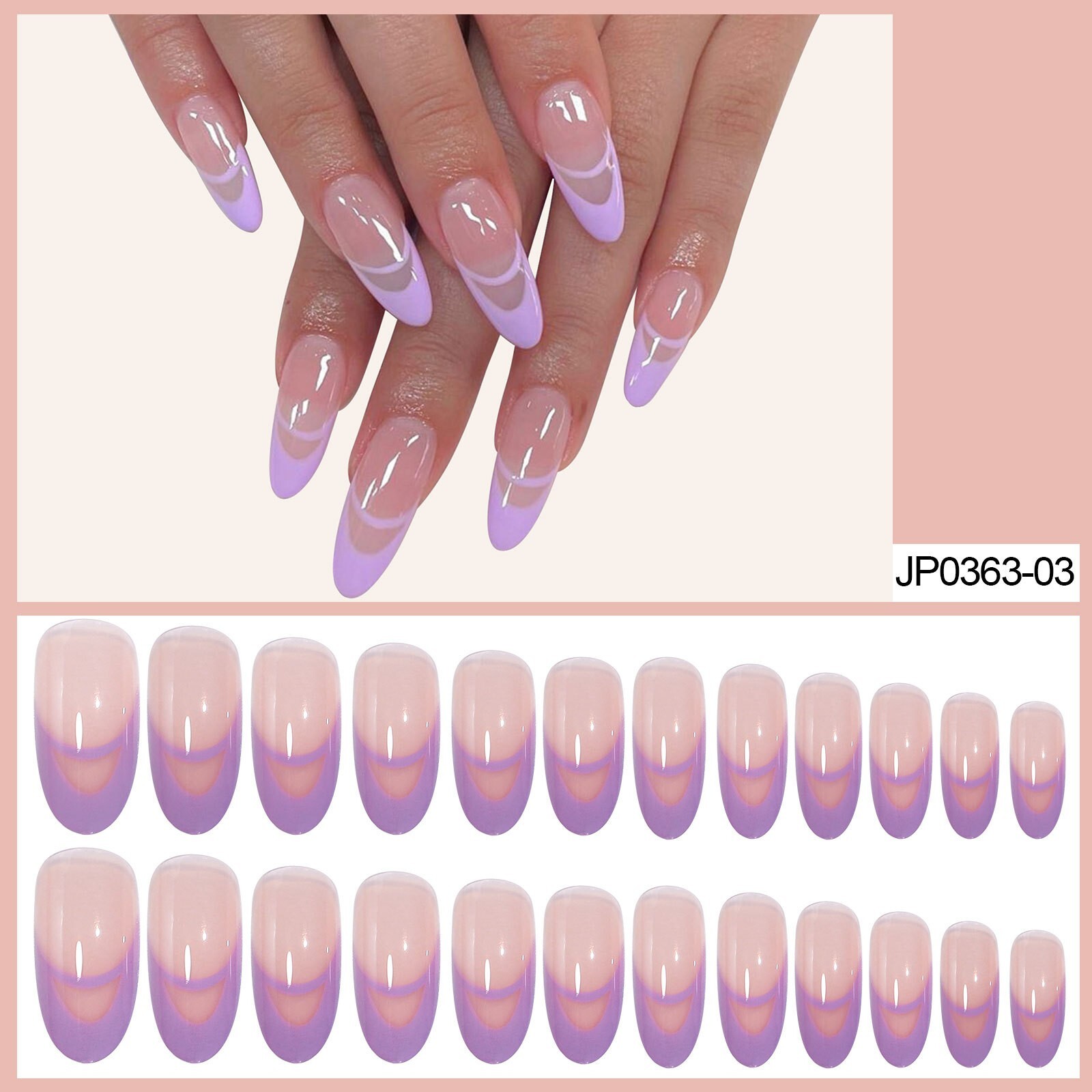 24pcs Light Purple French Almond False Nail Round Press on Nails for Nail Art