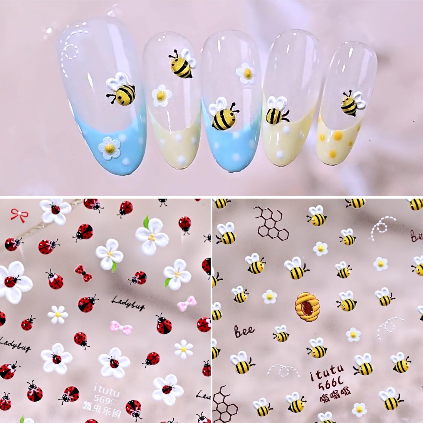 1 Sheet Flower Nail Art Stickers 5D Embossed Cute Bee Nails Decals Spring Dai…