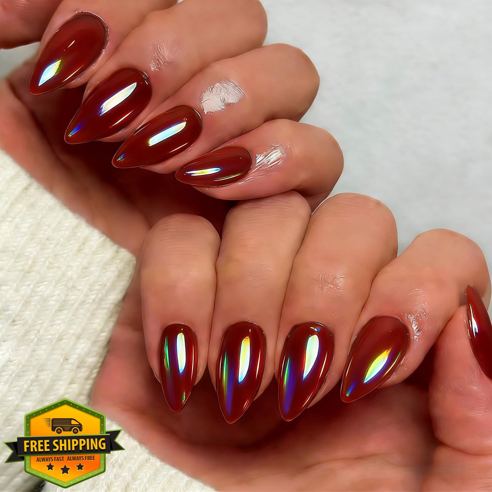 SXVME Chrome Orange Red Almond Fake Nails Stiletto Mirror