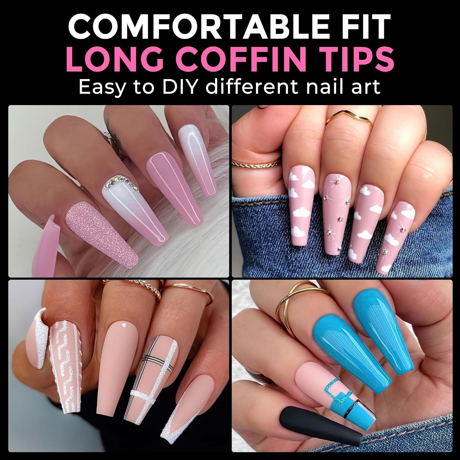 216pcs Clear Coffin Nail Tips – Acrylic Fake Nails for Stunning DIY Art