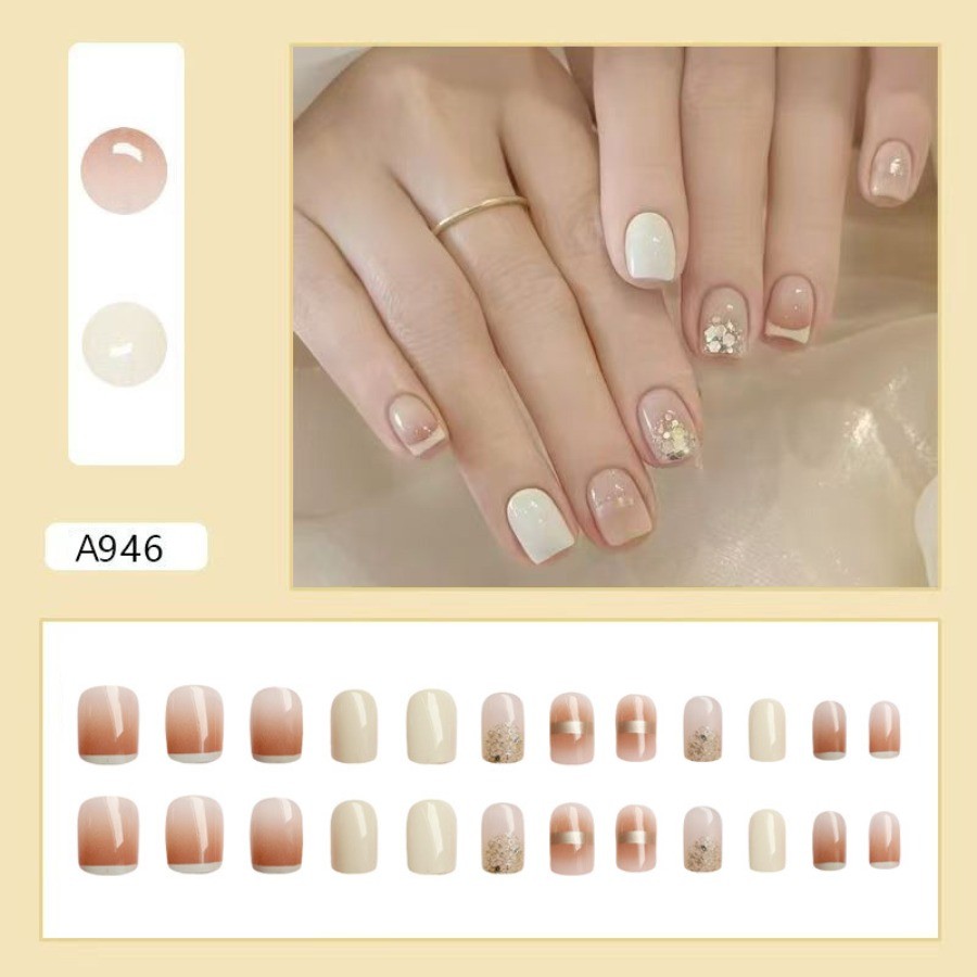 48 Pcs Nude White Glitter Press on Nails, Short Square Minimalist Fake Nails