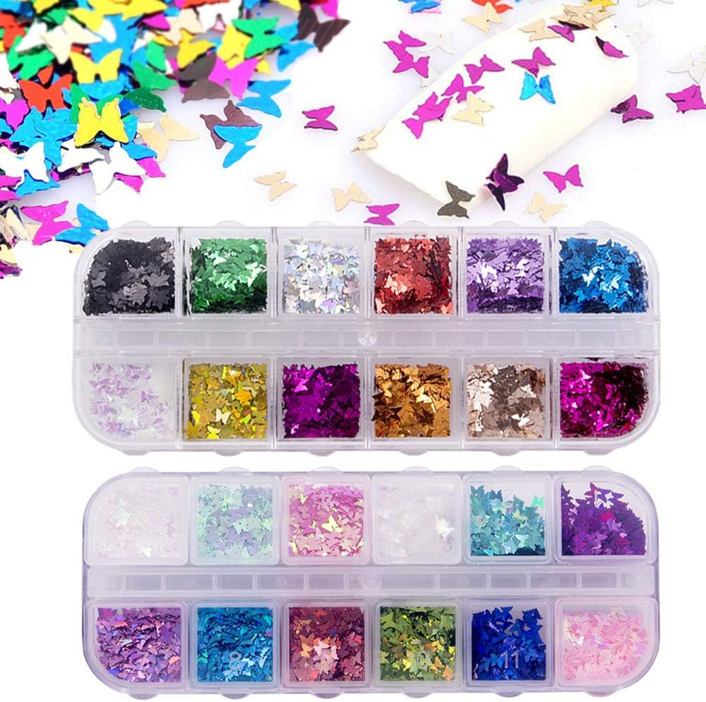 24 Color/Set 3D Butterfly Nail Glitter Sequins, Laser Butterfly Nail Sequin Fla