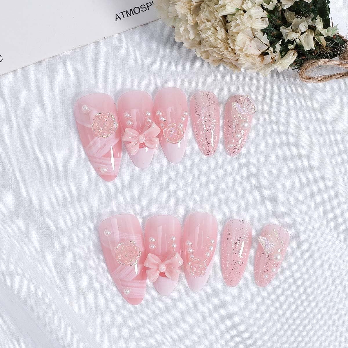 24Pcs French Tip Press on Nails Medium Almond Bow 3d Flower Fake Nails With P…