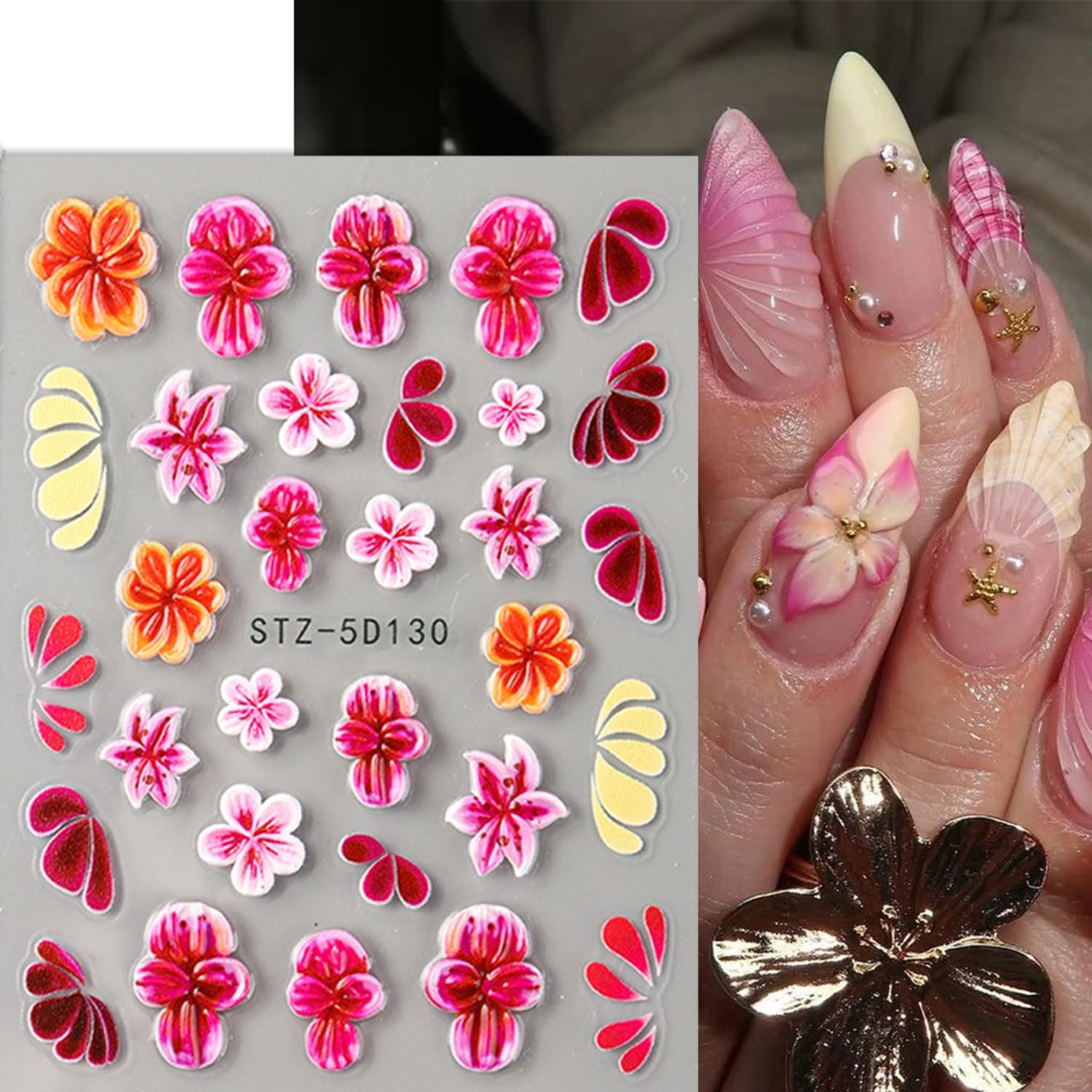 3PCS 5D Embossed Flowers Nail Stickers Colorful Floral Petals Designs Nail Art S