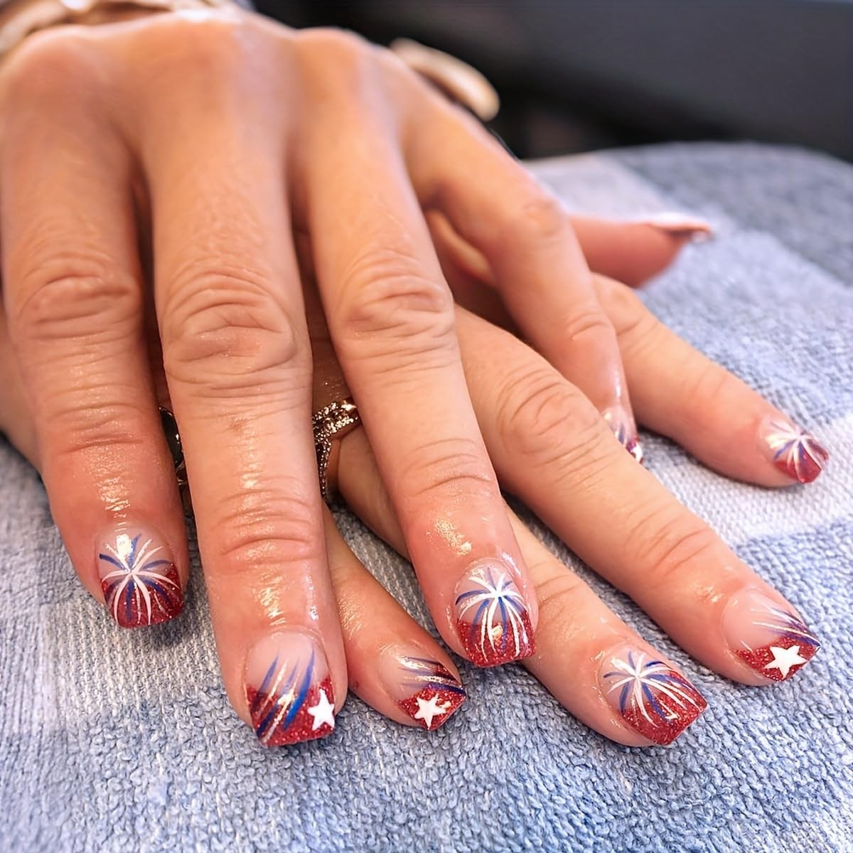 Independence Day Fireworks Press on Nails Short square Fake Nails Red Glitter…