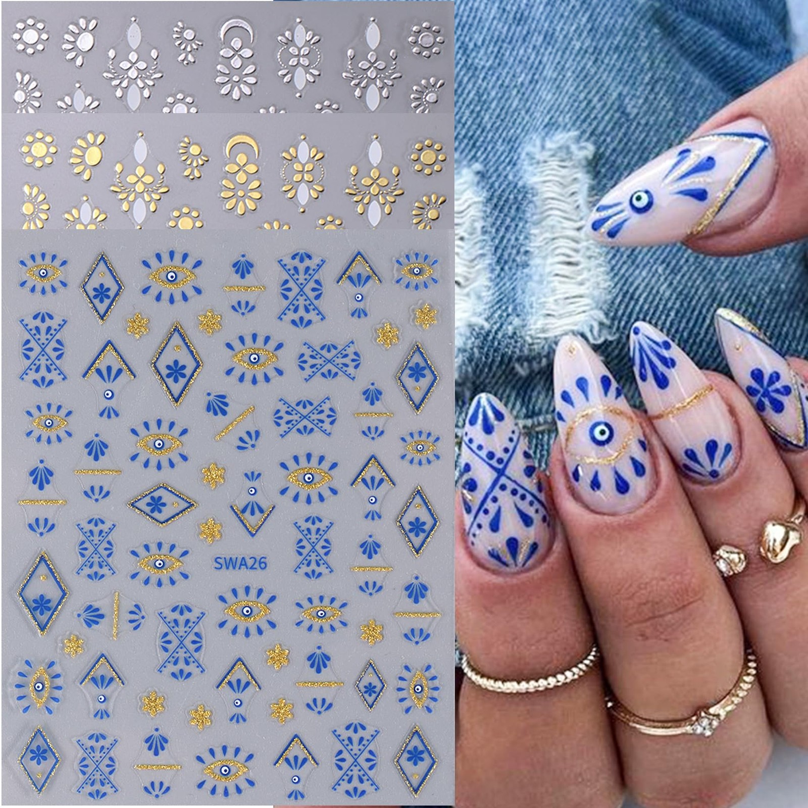 Bohemian Stickers for Nail Art 12PCS Boho Styles Decals Blue Colorful