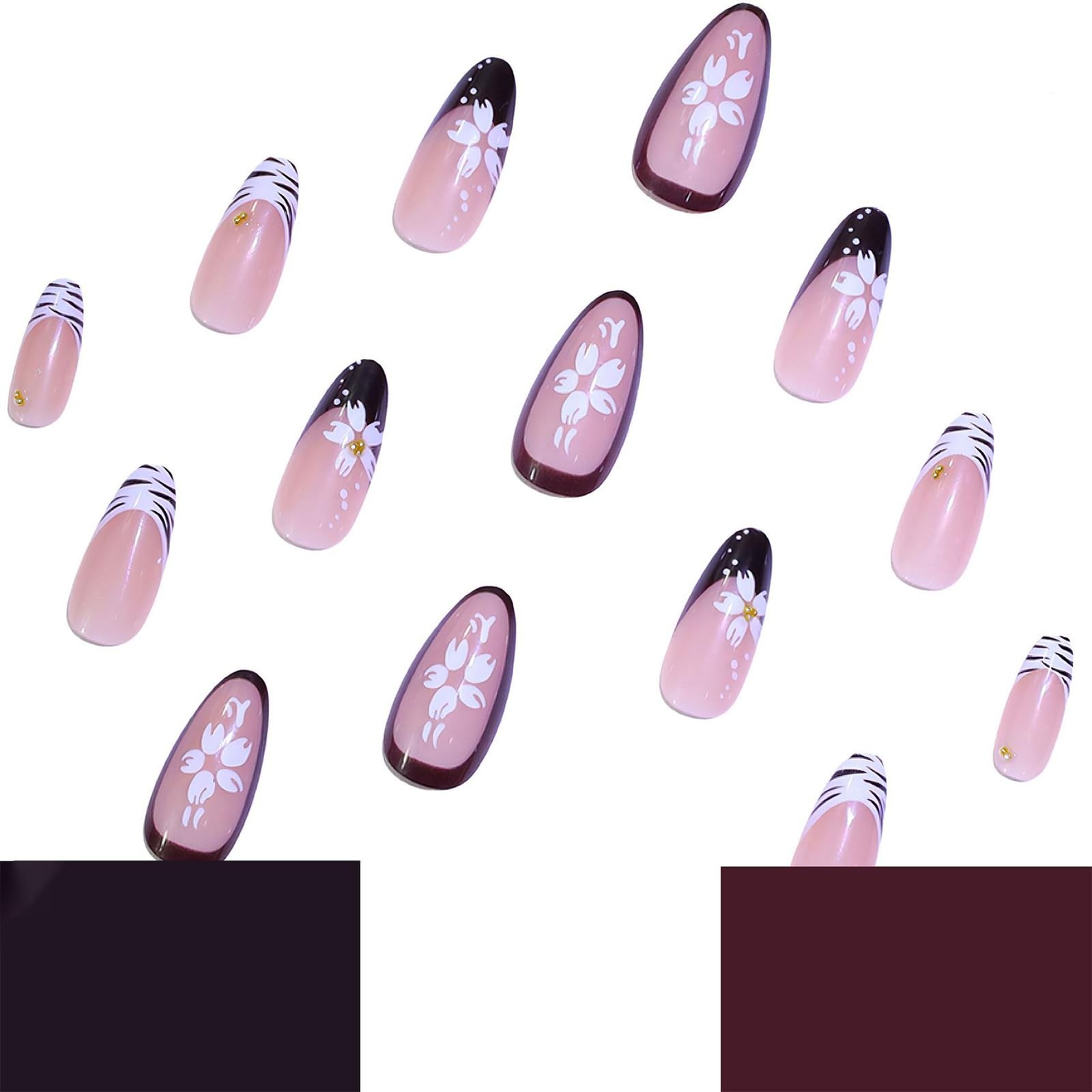 Zebra Print Press on Nails Medium Almond Fake Nails with Gold Bead Designs Fa…