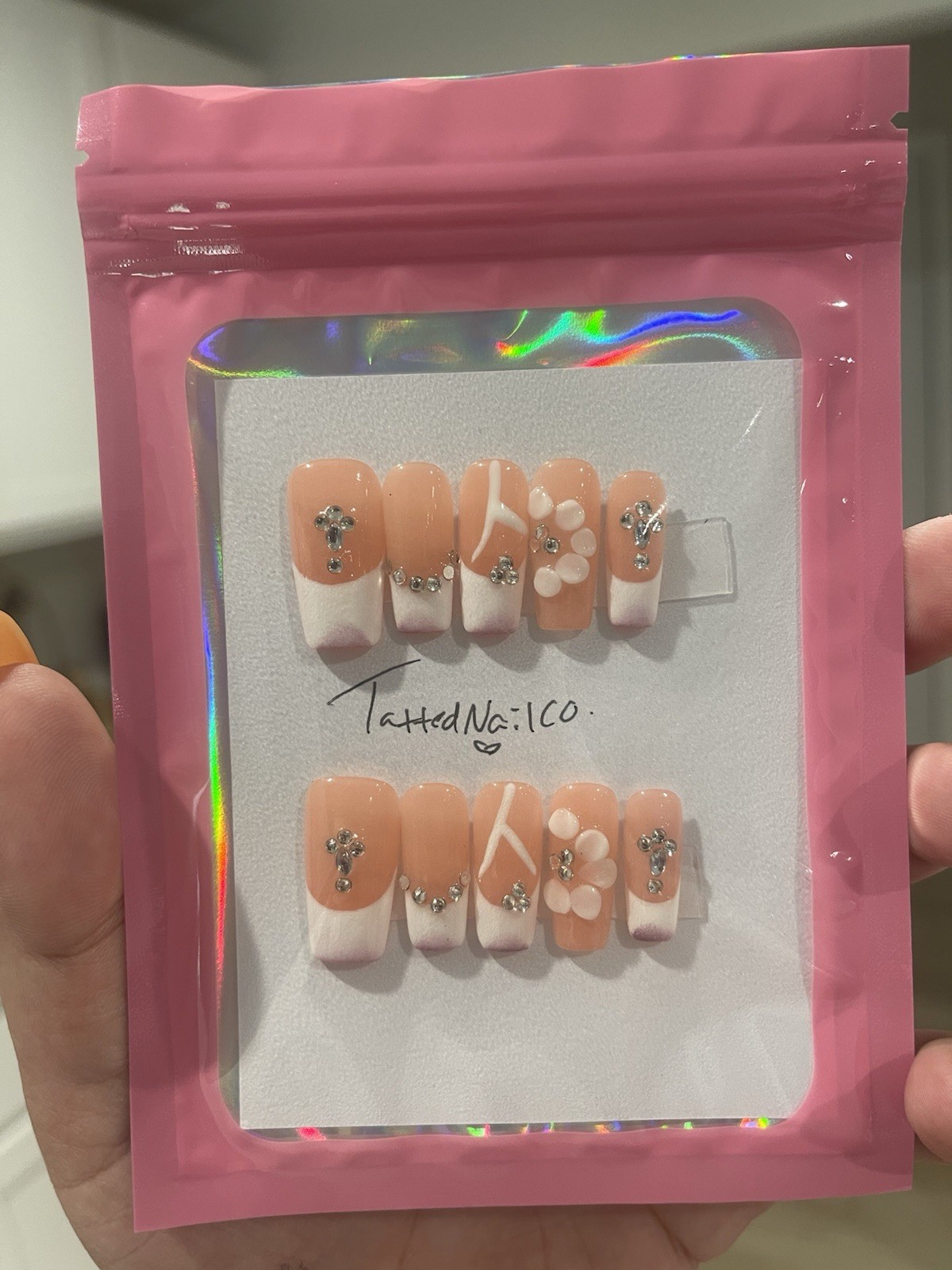 TattedNailCo Press-On Nails Square Peach/White 3D Floral Full Cover Pre-Designed