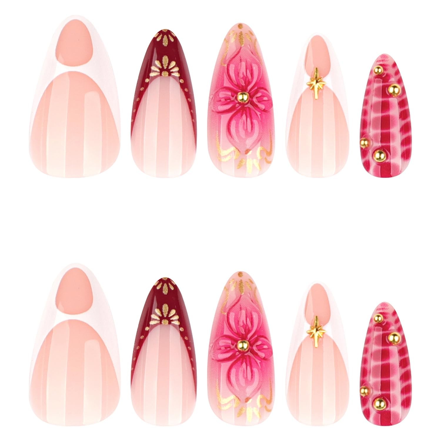 French Tip Press on Nails Medium Almond – 3D Flower Rose Pink almond Shape 45