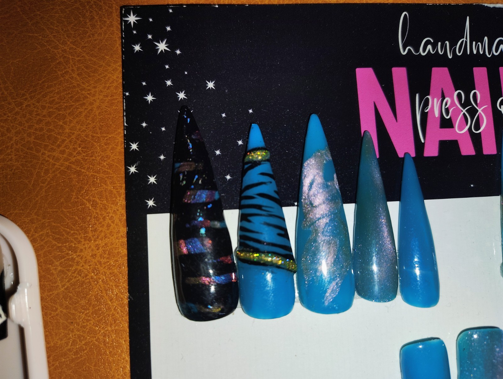 Blue/Black Glitter Zebra Acrylic Press-On Nails Long Stiletto Pre-Designed