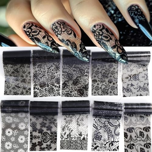 Lace Nail Transfer Foil Stickers 50PCS Black White Flower Lace Nail Foils Line