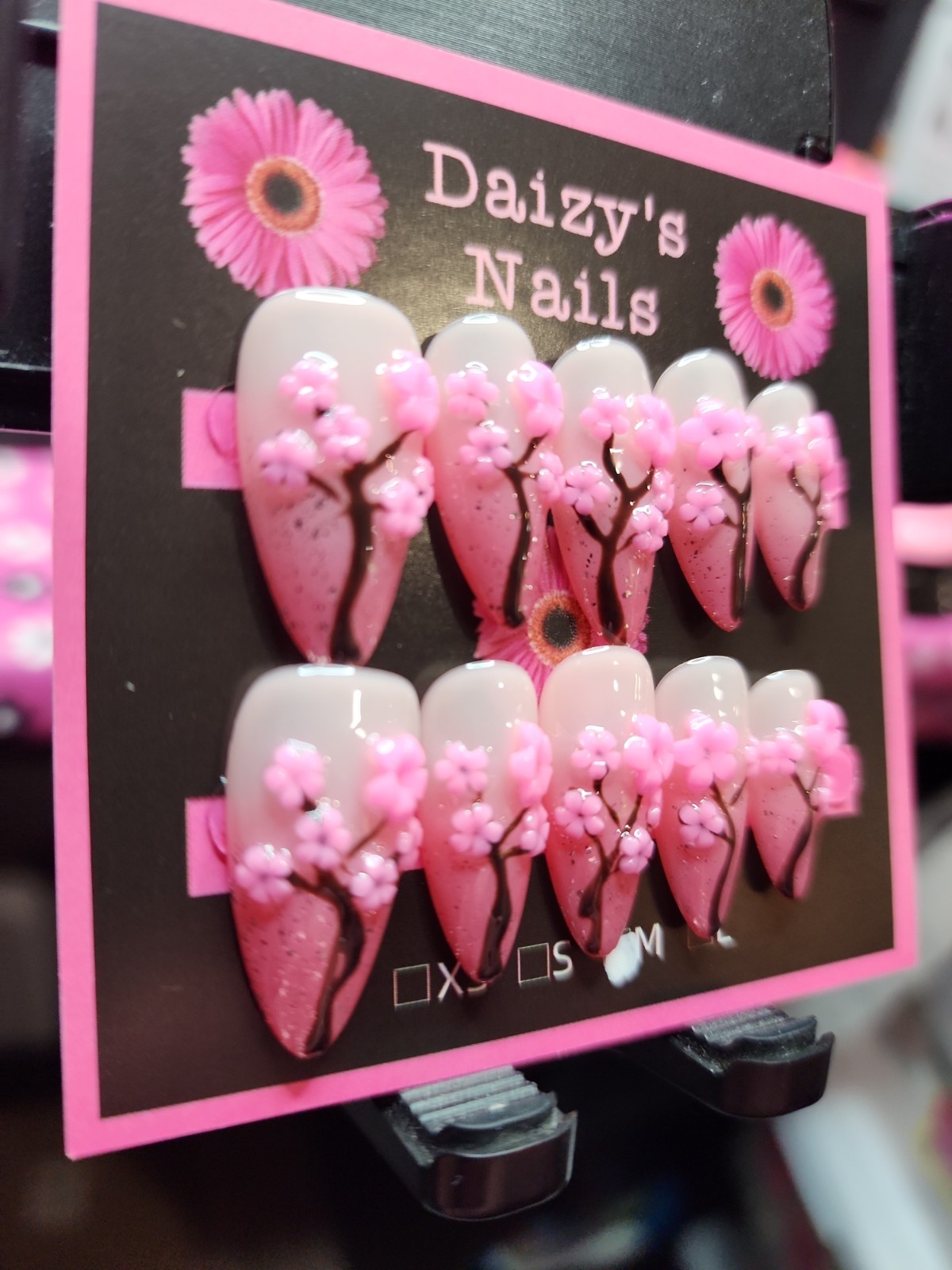 Medium Size Press-on Nail 10Pc Set Handmade Almond Cherry Blossom 2.5 Cm Length