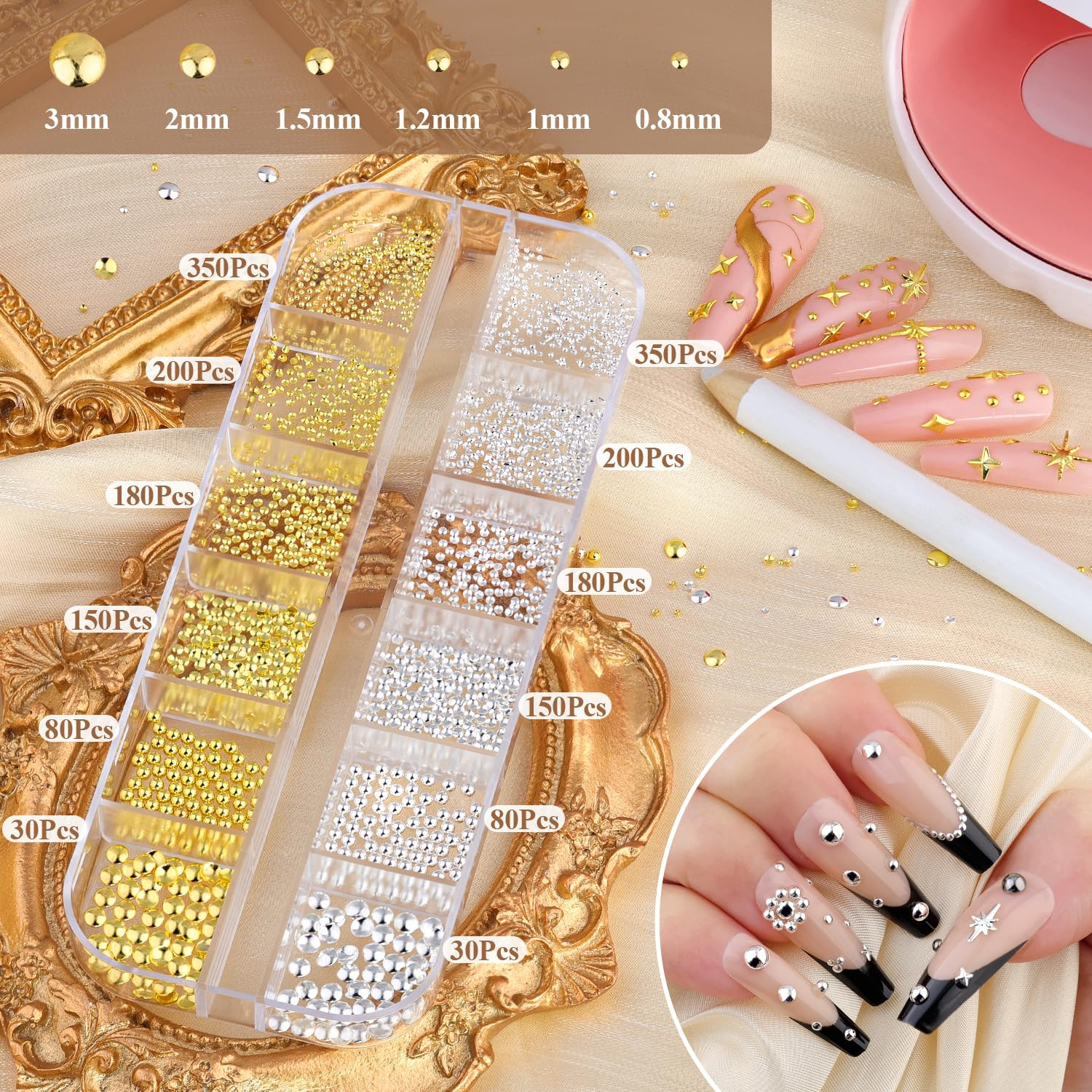 2640Pcs 3D Star Nail Charms, Gold & Silver Multi-Shapes Metallic Nail Art Gems A