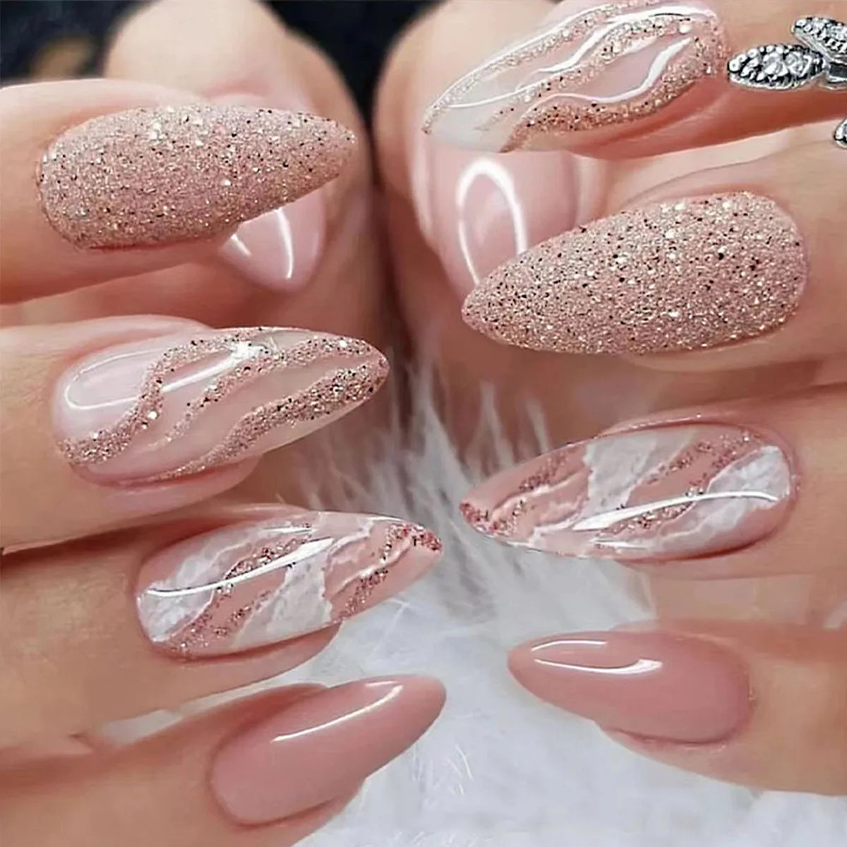 24 PCs Long Pieces of French Glitter Nails with 1 Piece of Jelly Glue and 1