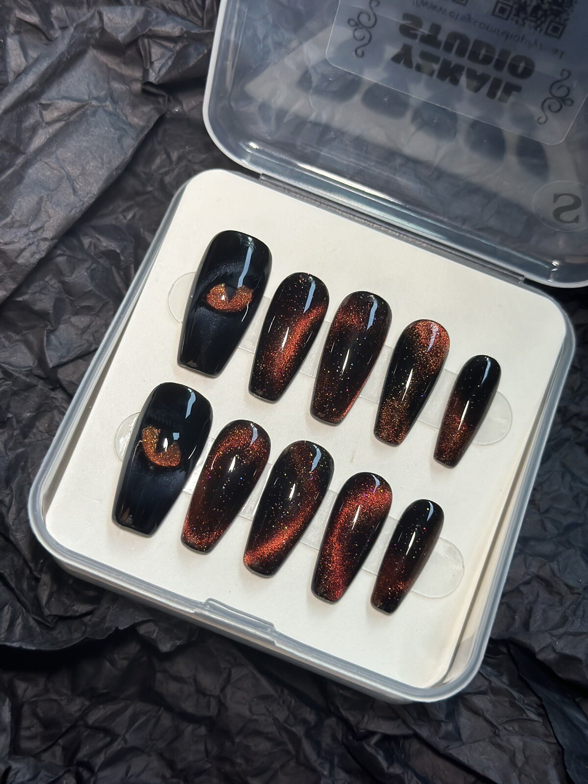 CUSTOM Black cat eye Handmade press on Gel nails long coffin Nails Set Size:S