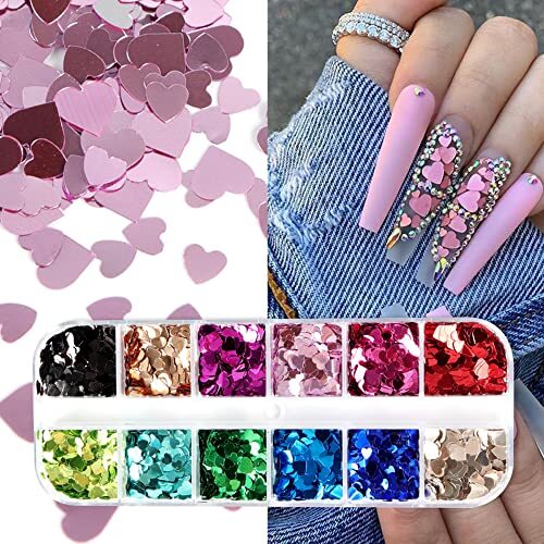 Heart Glitter Sequins for Valentine’s Day Nail Art,12 Colors 3D Holographic