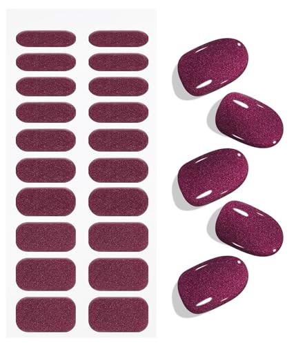 Gel Nail Stickers Glitter Dark Red Semi Cured Gel Nail Strips Wraps UV/LED