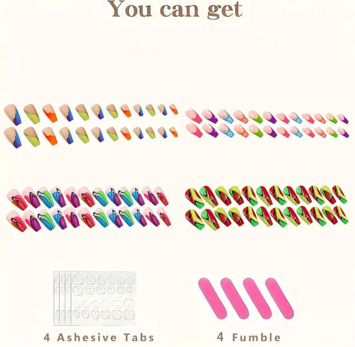 96 pcs (4 Packs) Floral Press on Nails With Rhinestones, med Ballet Shape With a