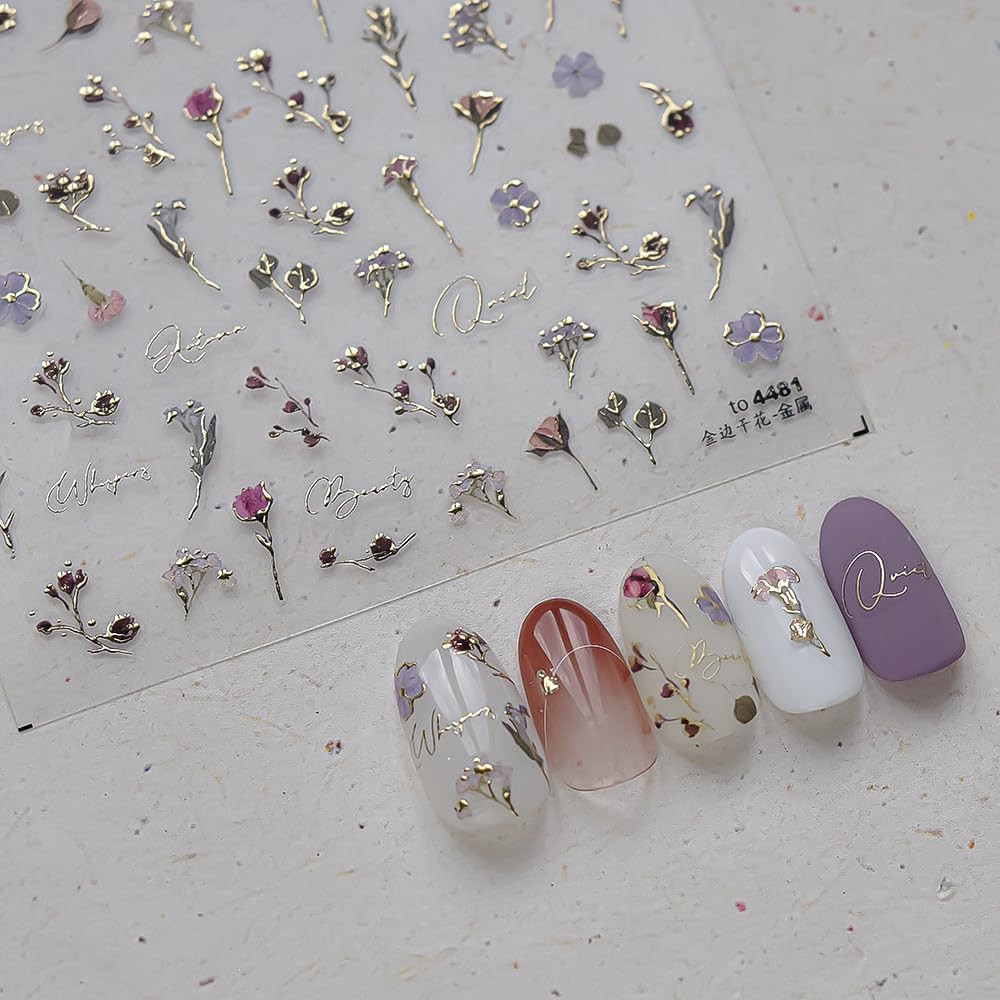 Flower Nail Stickers 5D Embossed Rose Flower Nail Decals 1PCS Gold Rose Sticker