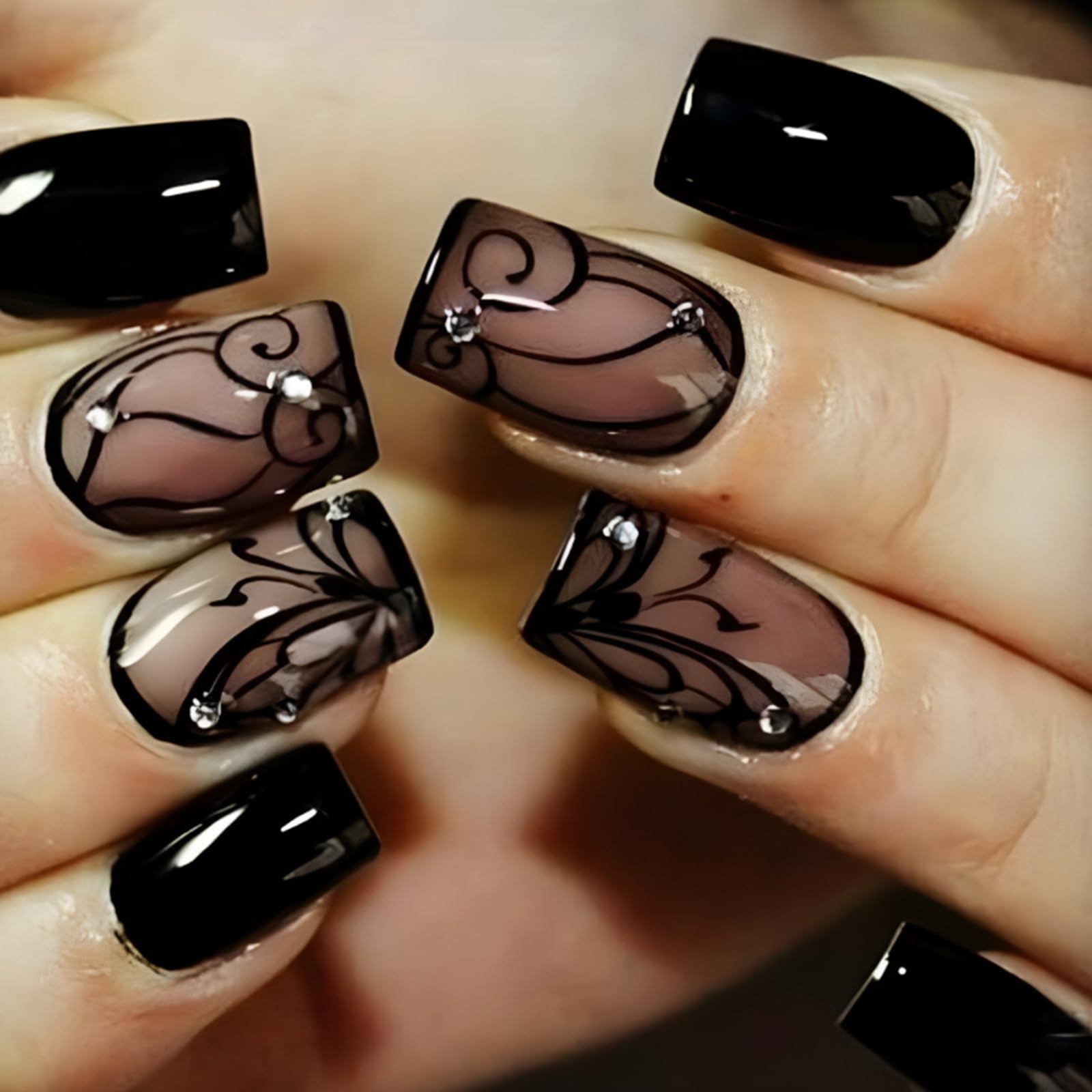 French Short Press On Nails, Halloween Black Vine Square Short,