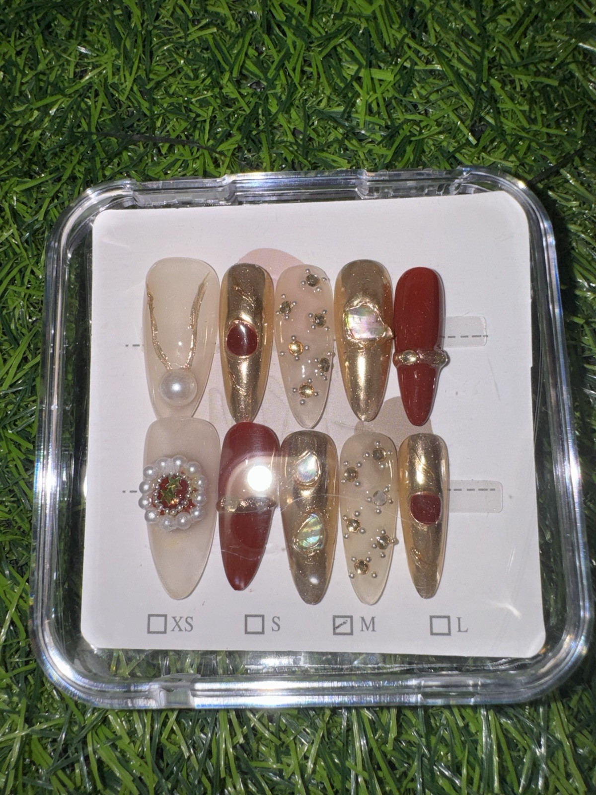 Nail Studio Press-On Nails Medium Almond Red/Gold/Beige 3D Pearl Glitter Full