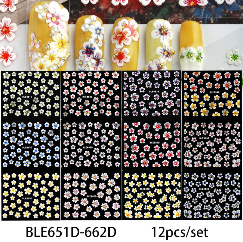 12PCS Manicure Clover Flower Blossom Decal 3D Nail Sticker Decor Slider DIY NH9