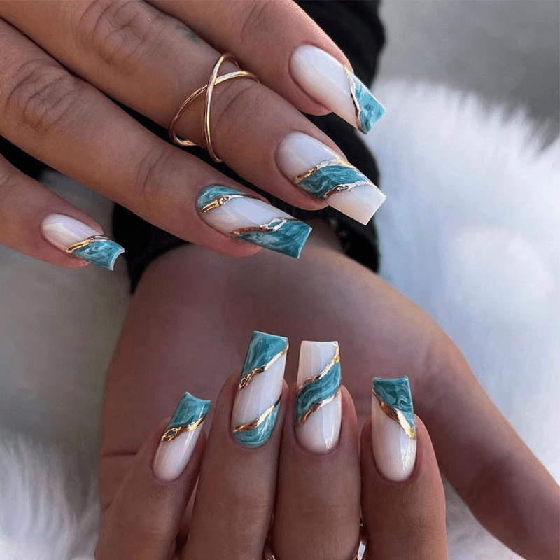 48Pcs-Long Coffin Milky White Base Teal Marble Gold Foil Line Press on Nails