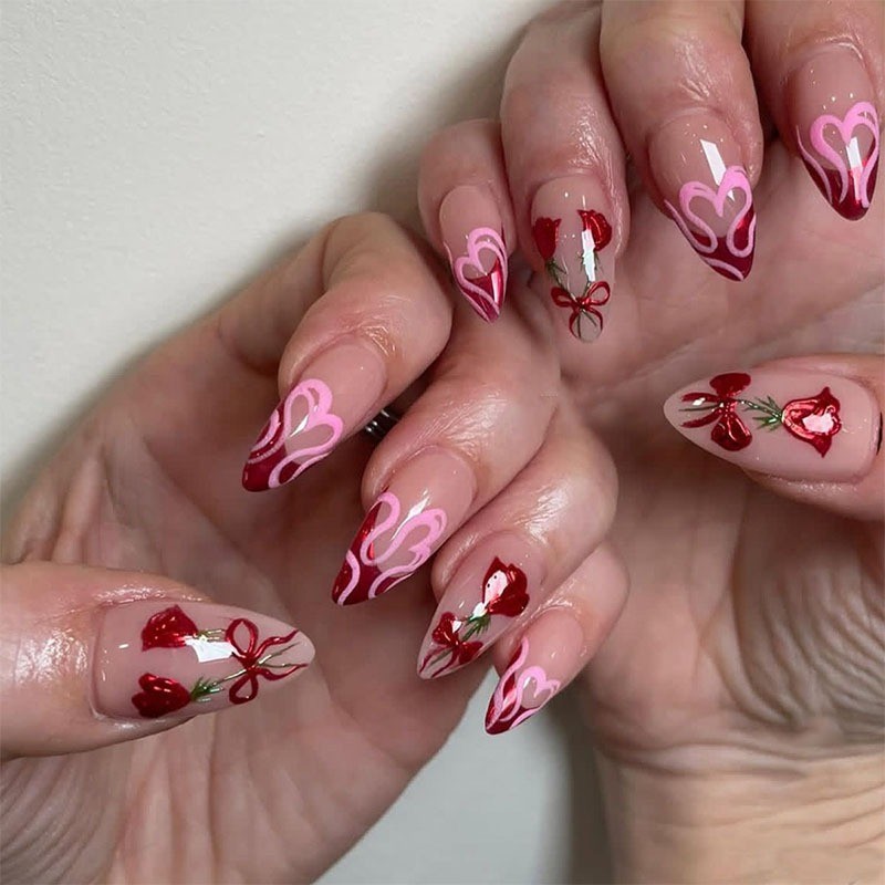 48PCS Long Almond Reusable Bare Pink Flame with Peach Heart-shaped Fake Nails