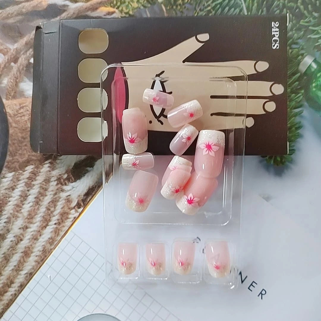 24 Pcs Pink Press on Nails Short Square – Summer French Fake Short, Color I1