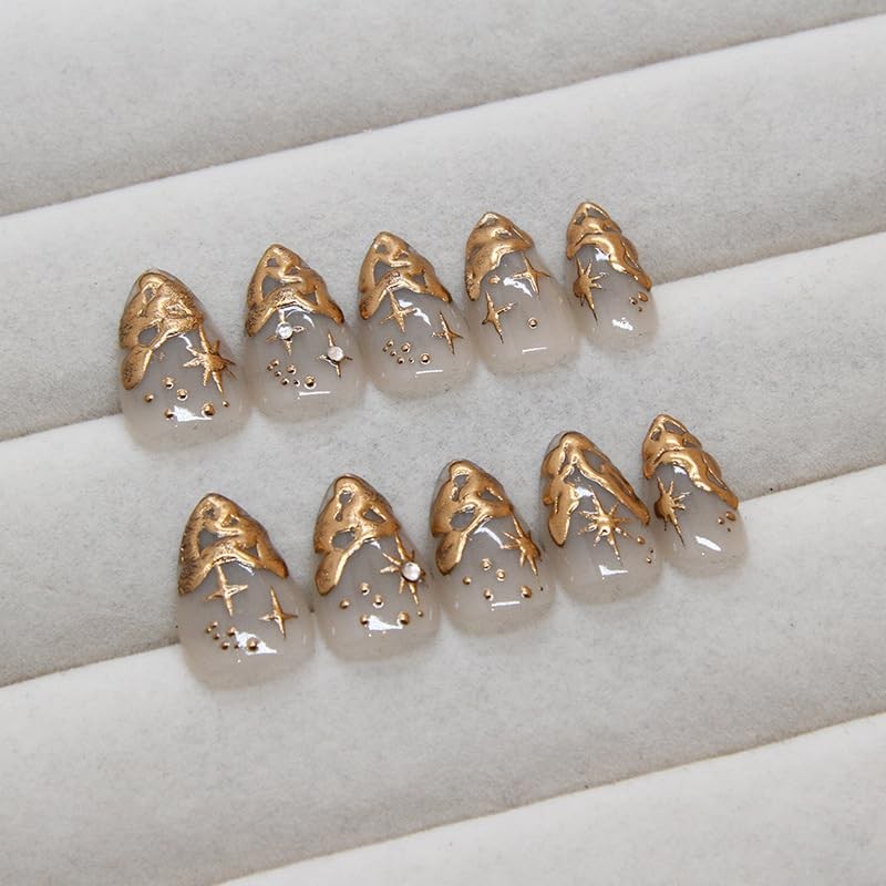 Gold Press on Nails Short Almond Fake Nails 3D 1 Fl Oz (Pack of 24) Style 19