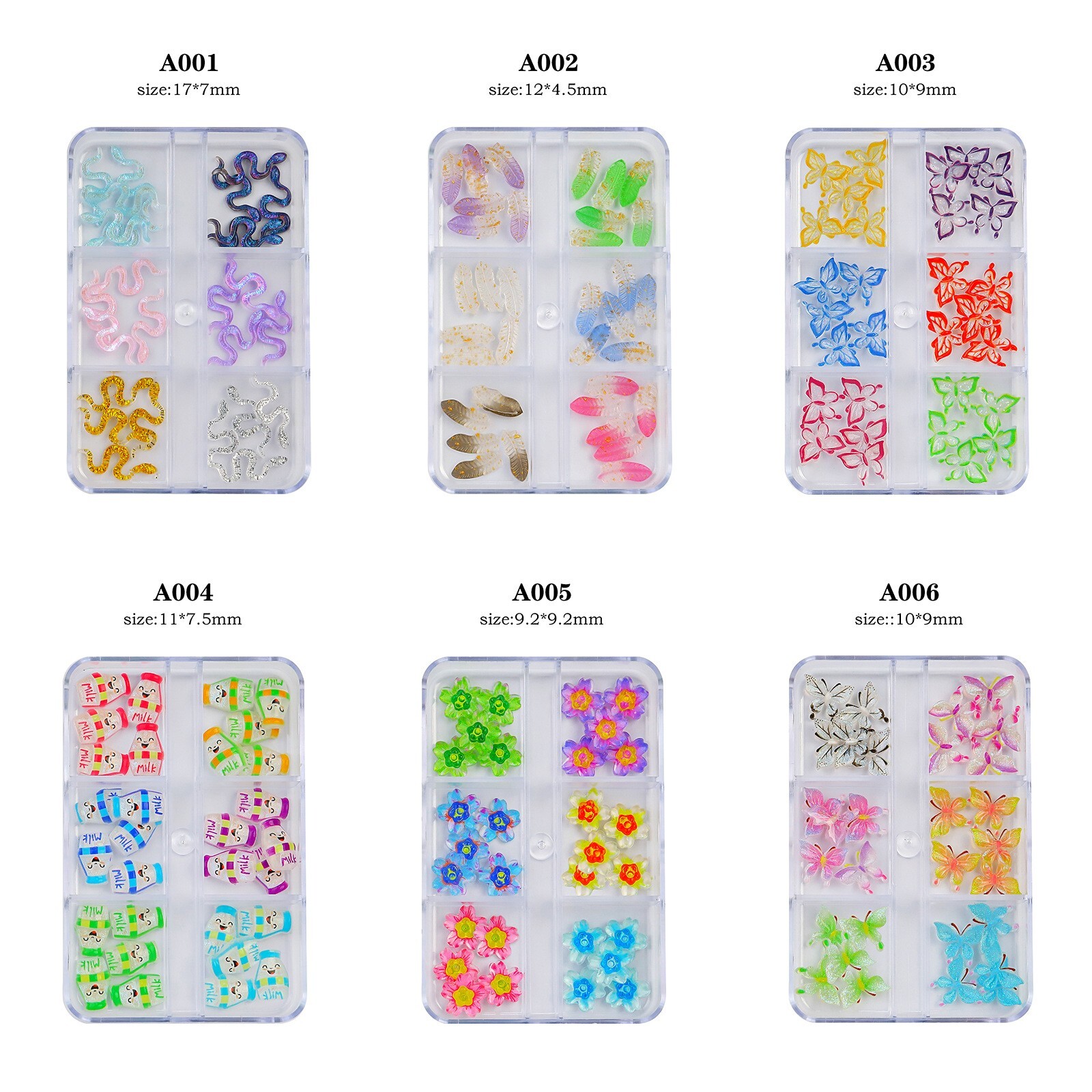6 Grids Nail Art Animal Flower Butterfly Colors Mixed Set Box Accessories Decor