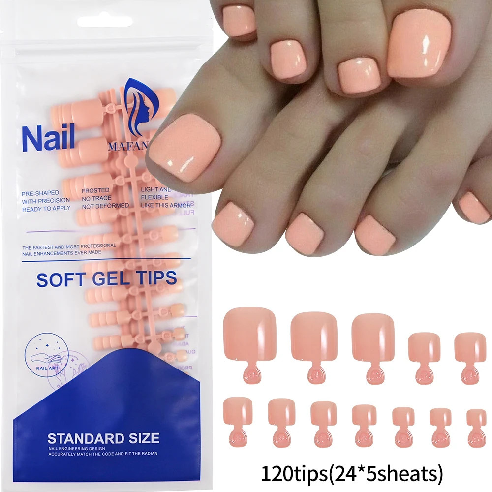 120pcs Press On Toenails Pink French Tip Short Square Glossy Finish False Foot