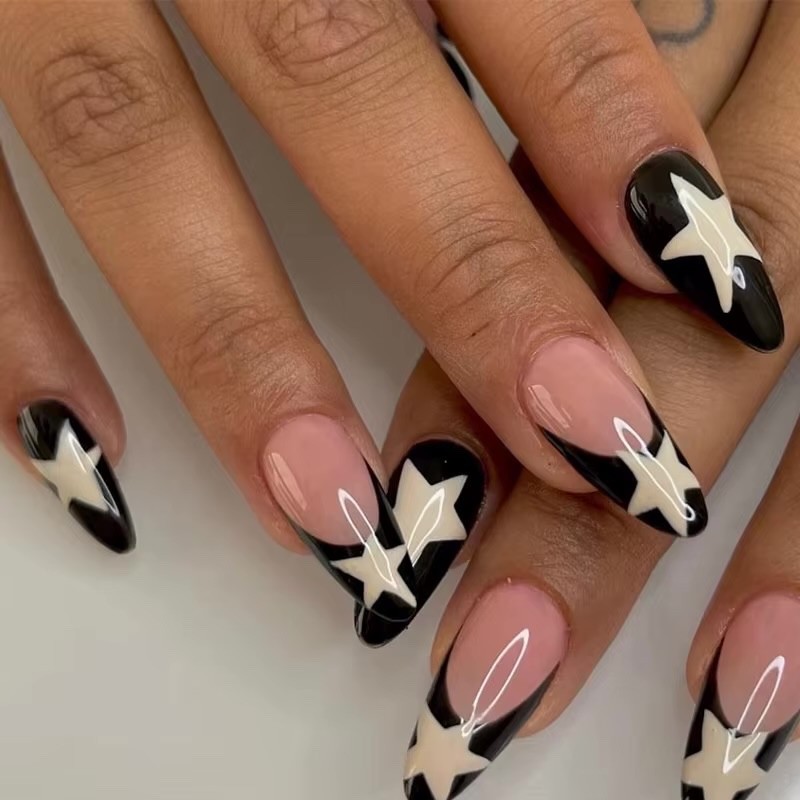 Cool 24 PCs Long French Black Edge Star Nails with 1 Jelly Gel and 1 Nail File