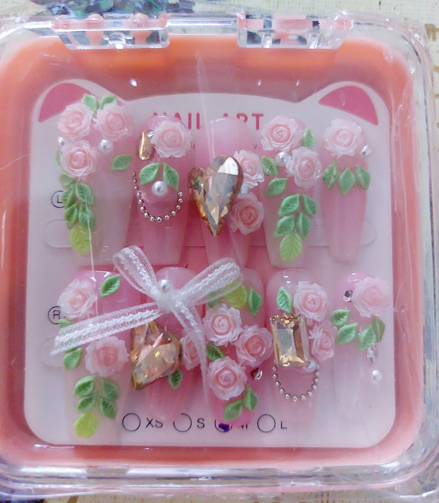 Handmade Press-On Nails Size Medium Pink With Roses Coffin Style 3-D