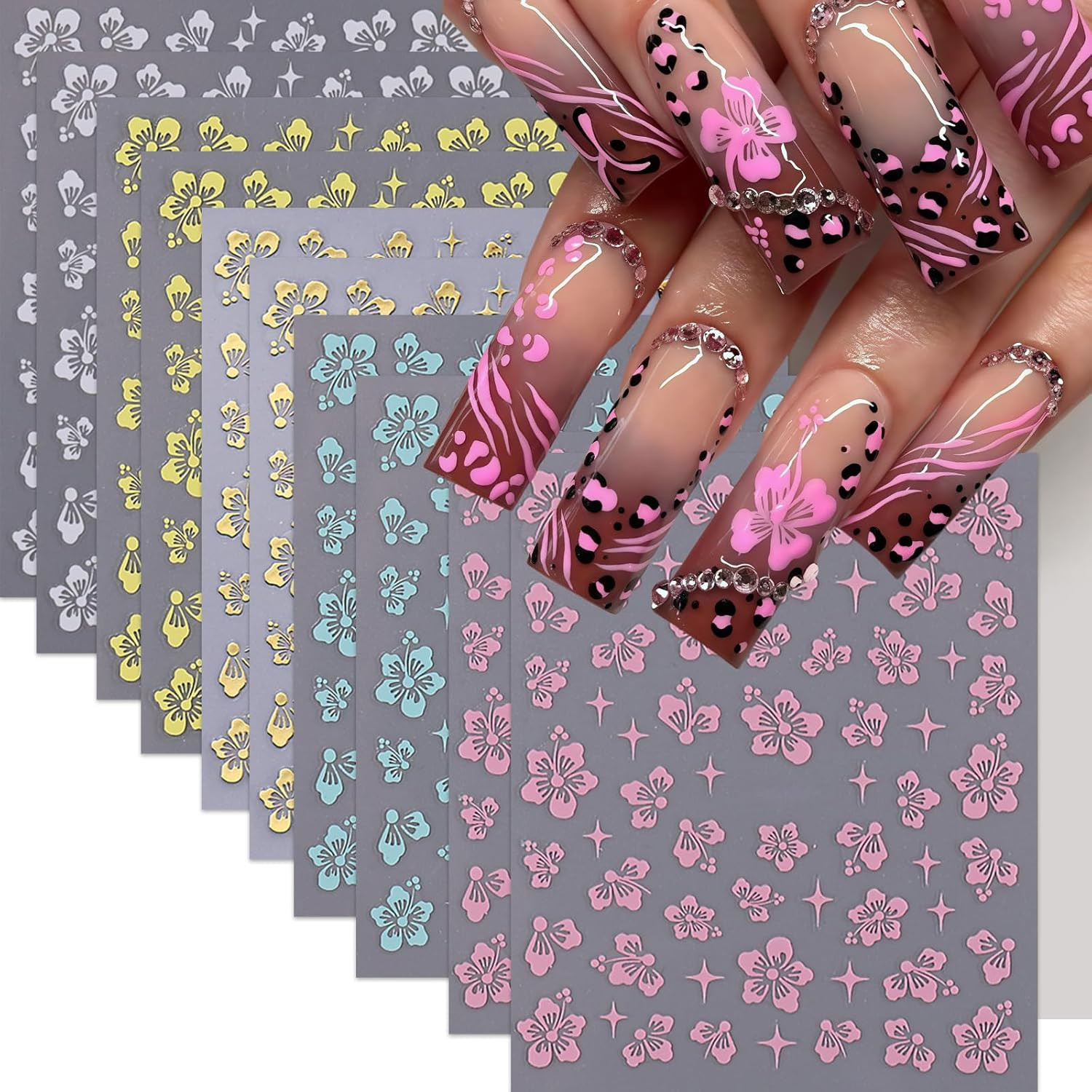 10 Sheets Hibiscus Flower Nail Stickers for Nail Art Petal Floral Nail Art Decal