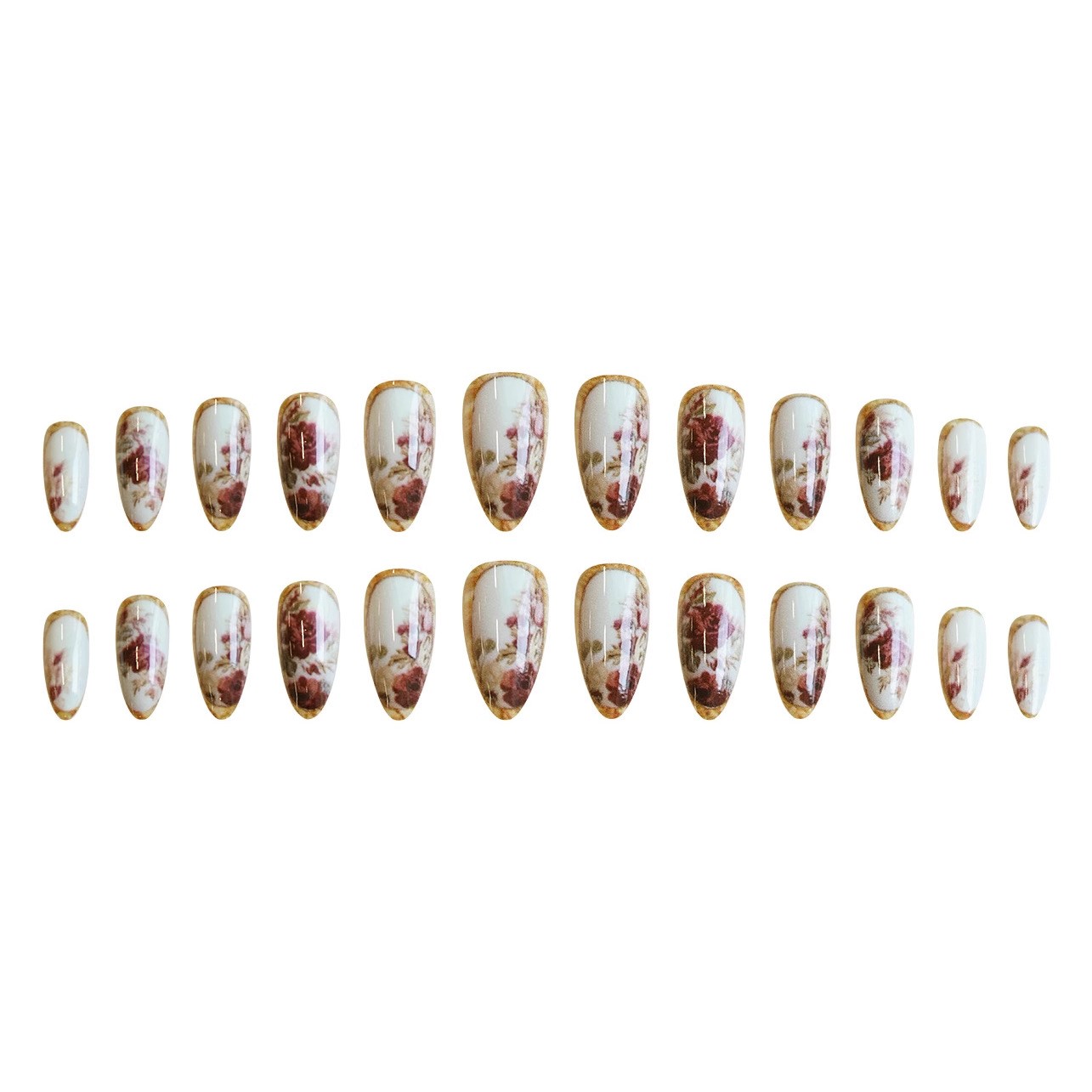48P Short Almond Press on Nails, Vintage Red Rose Gold Trim Glossy Fake Nails