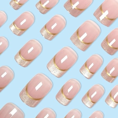 Cat Eyes Press on Nails Short Square Nails Press on French Fake Nails Style 8