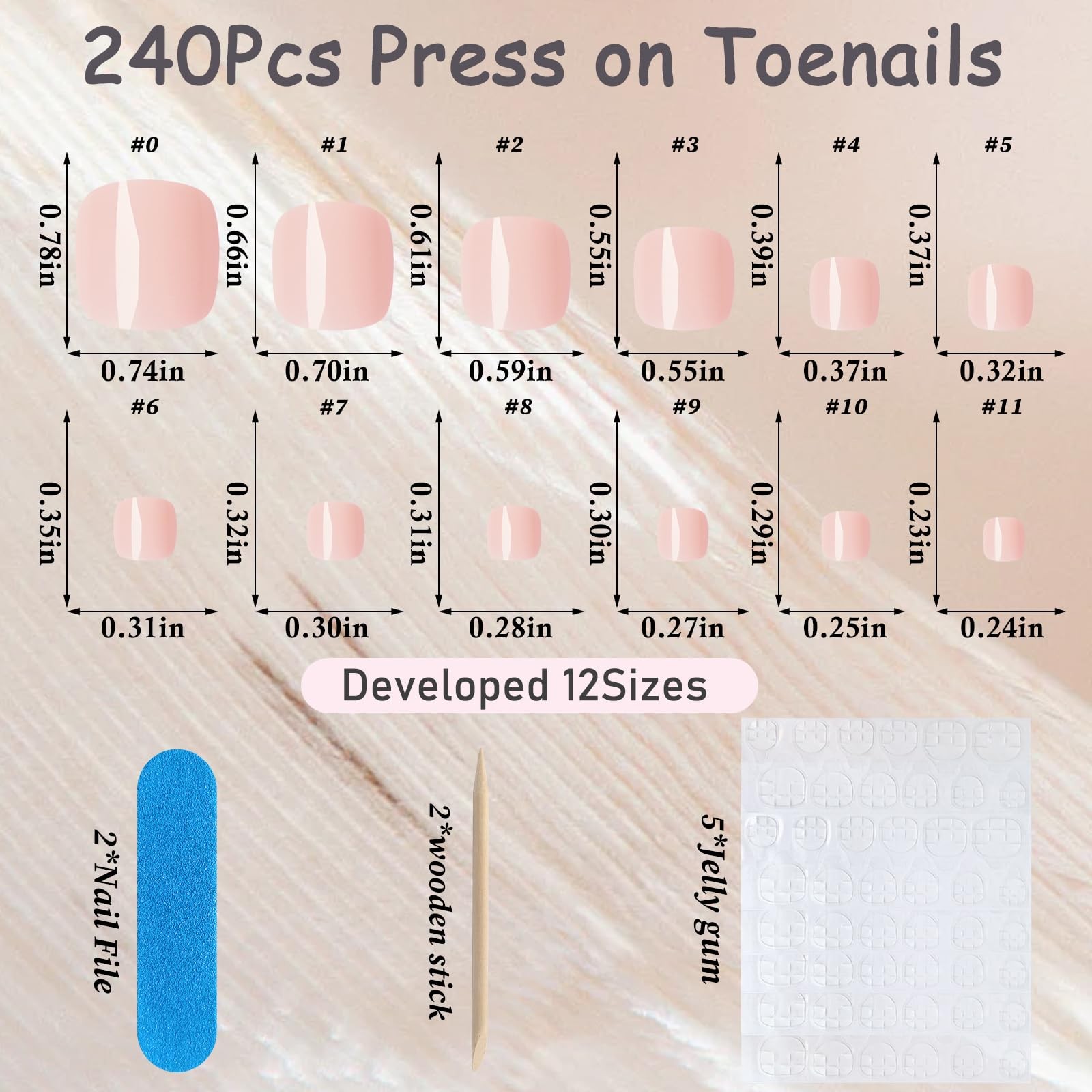 240 Pcs Nude Press-On Toenails with Glue – Reusable Acrylic False Nails