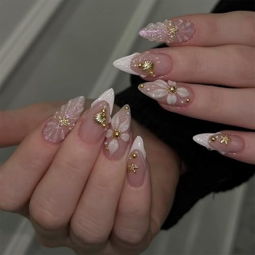 24Pcs White Flower Press on Nails Medium Almond Summer Fake flower nails-6