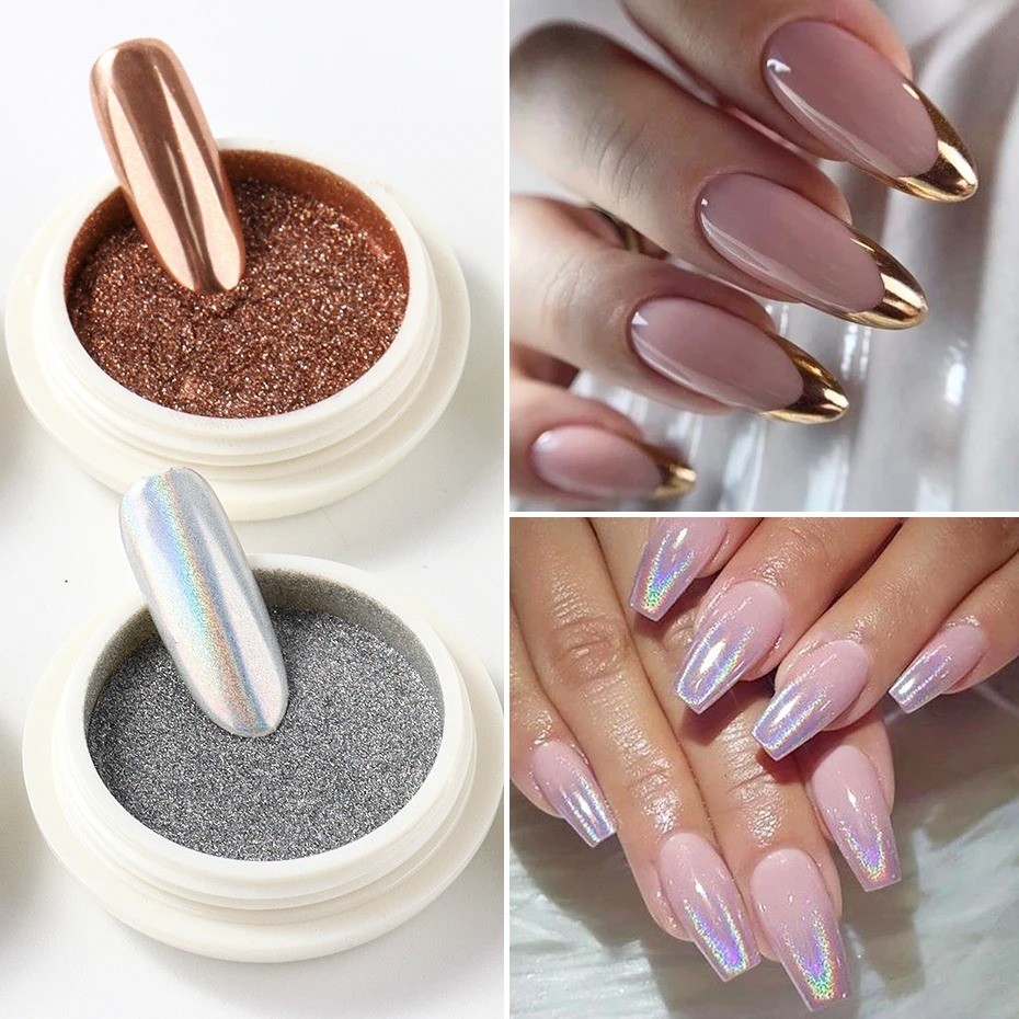 6PCS Chrome Mirror Nail Powder Set Gold Silver Holographic Aurora Pigment