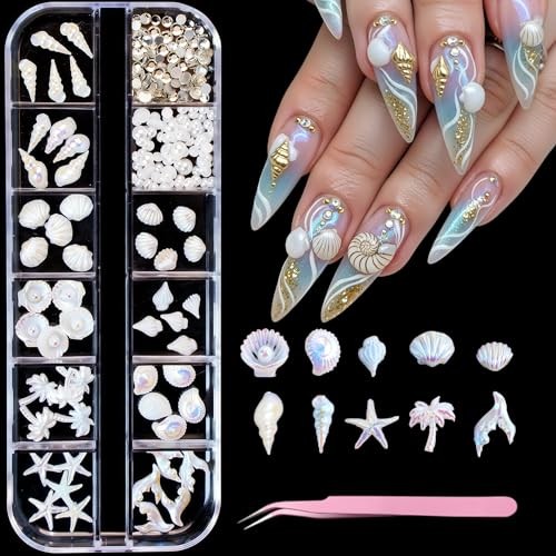 3D Summer Beach Nail Charms Resin Aurora Ocean Nail Rhinestones Shells Fishtail