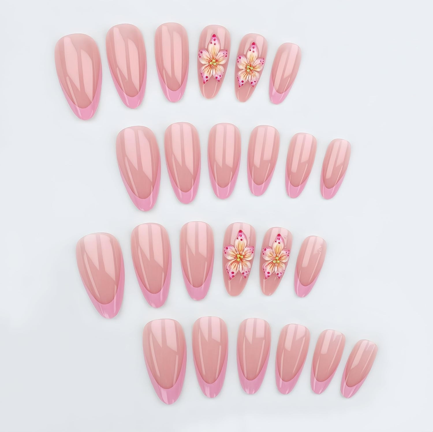 24Pcs French Tip Press on Nails Medium Almond Fake Nails with 3D Flower Gold Bea