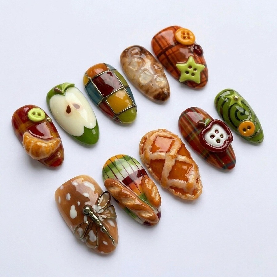 Dessert Handmade Press on Nails Apple Plaid Button Cartoon Gloss Fake Nails
