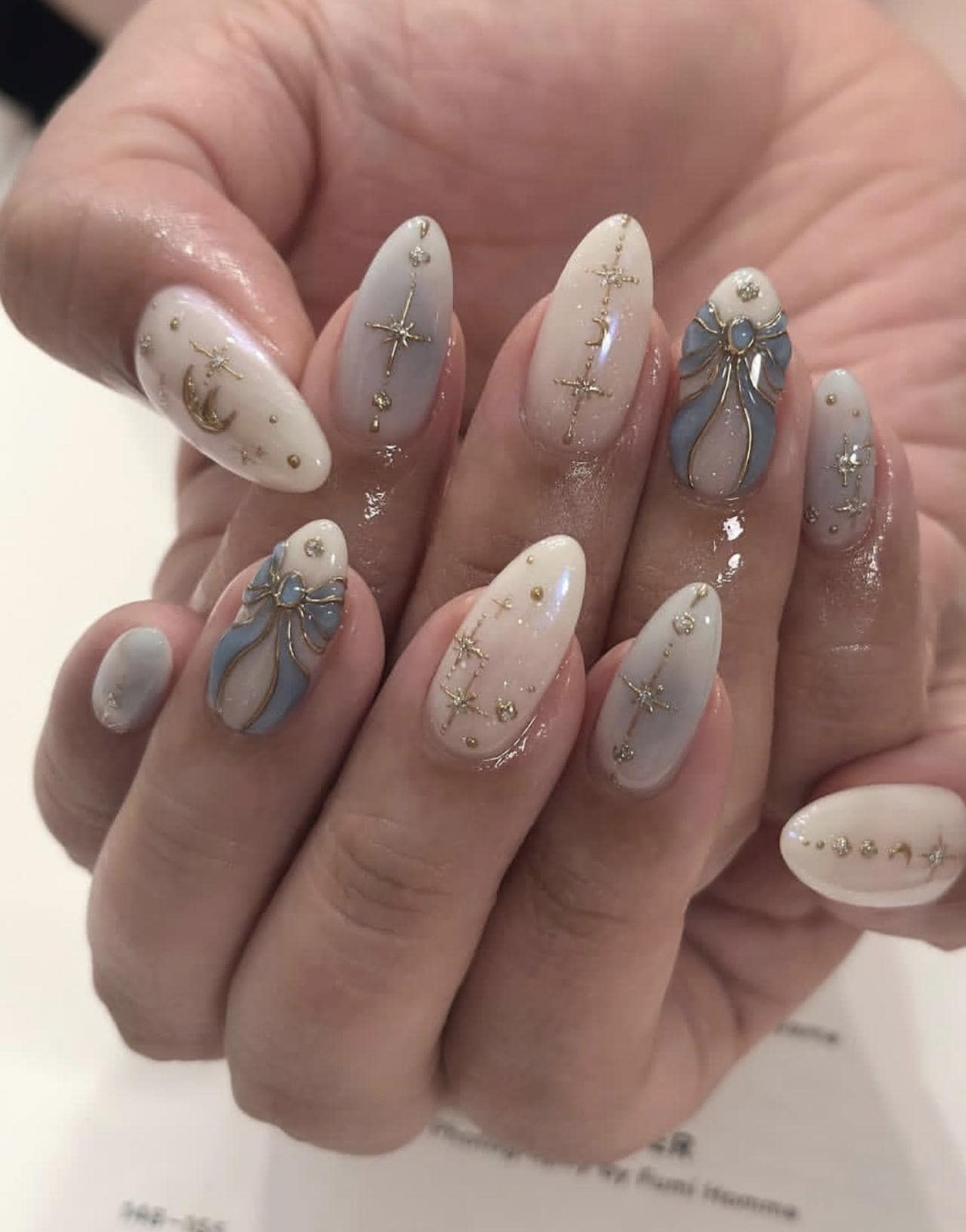 Custom Pure Handmade Nails Cream Light Blue Moon Bow Gold Rhinestone Manicure