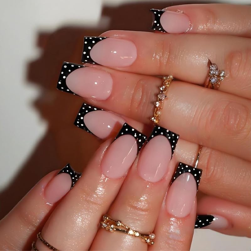 Black French Tip Press on Nails Short Square Fake Nails Polka Dots Style 2