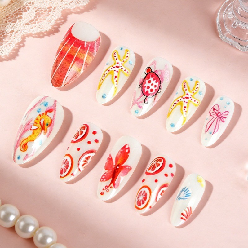 48pcs-Beach Vacation Press on Nails, Medium Almond Pink Sea Creature False Nails