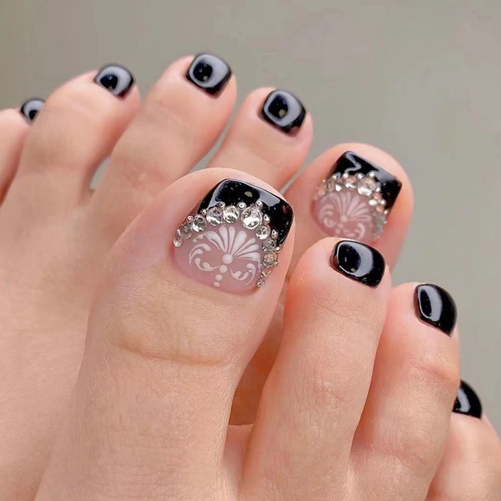 24pcs Retro Red French False Toenails Gold Crystal Square Full Cover