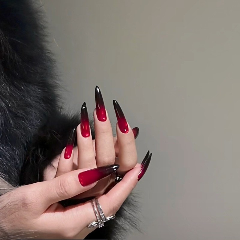 48Pcs-Long Stiletto Red Black Reverse Gradient Glossy Press on Nails